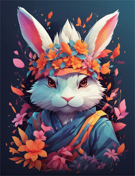 Digital Bunny Art: Flower Crown and Classic Attire