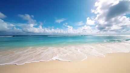 Panorama of a beautiful white sand beach. Holiday summer beach background.. Wave of the sea on the sand beach. generative AI