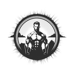 round logo emblem with a silhouette of male athlete bodybuilder with a muscular body on a white background