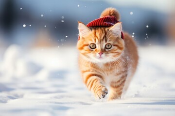 Red striped cat running through the white snow in winter hat with snowflakes on background.