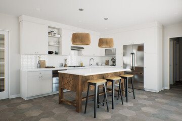 Fototapeta premium White kitchen with wood island and patterned wood fixtures with kitchen appliances and utensils. 