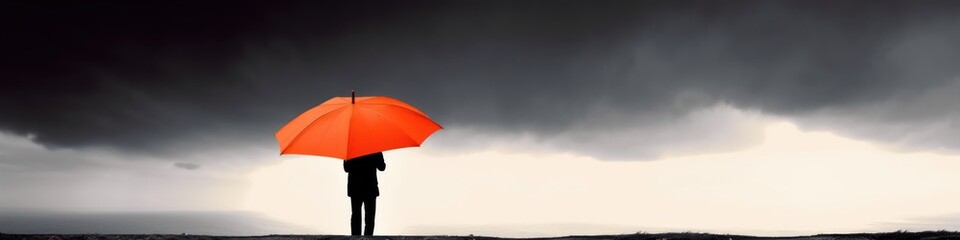 Defying the Storm: Silhouetted Person Protected by Bright Orange Umbrella Against Ominous Clouds, Stock Photo