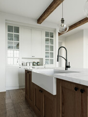 Kitchen interior accented by a kitchen sink on an island. 3D rendering
