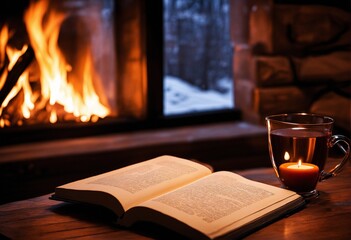 reading with cozy fire in background