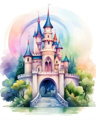 Colorful watercolor kawaii castle isolated on white background.