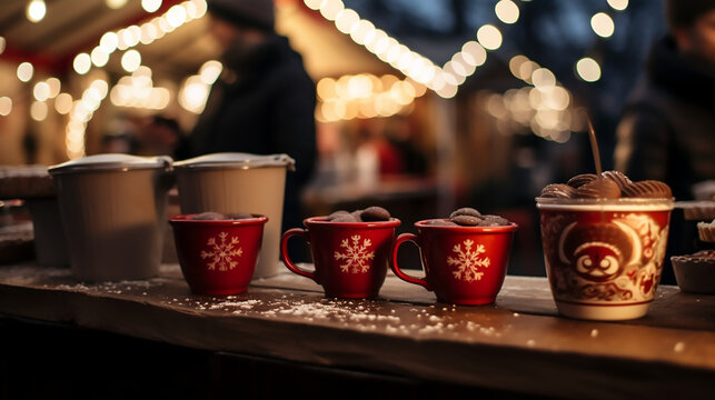 tres tazas rojas de bebida de chocolate caliente y símbolo de nieve en la taza apoyada sobre una mesa de un mercado de navidad en invierno por la noche, al fondo luces de navidad.