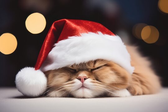portrait of red fluffy Persian cat in Santa Claus hat on white plaid with Christmas background.