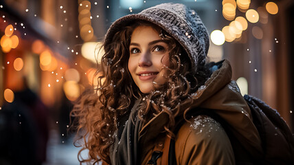 Fototapeta premium A young woman walks in the evening in the Christmas market, decorated with festive lights. winter holidays Design ai