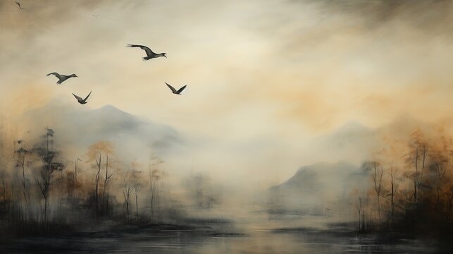 flock of birds flying  over the lake in the mist