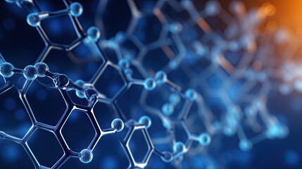 Technology, chemistry, molecular biology, science, materials science, medical. Abstract hexagonal molecular structures on a dark blue background - obrazy, fototapety, plakaty