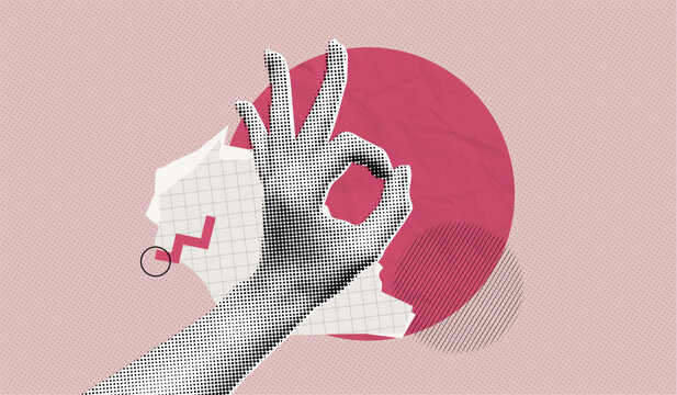 Trendy Halftone Collage Female Hand showing ok gesture. Contemporary art. Abstract pop art magazine style. Modern design. Vector illustration with cutout paper elements. Pink background