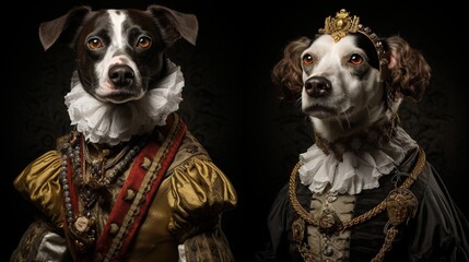 studio portrait of two dogs wearing duke costumes