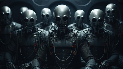 cyberpunk aliens gather around  in a room