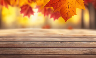 Naklejka na ściany i meble Autumn Season Colorful Leaves on an Empty Table Background