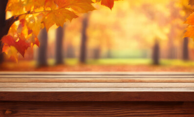Naklejka na ściany i meble Autumn Season Colorful Leaves on an Empty Table Background