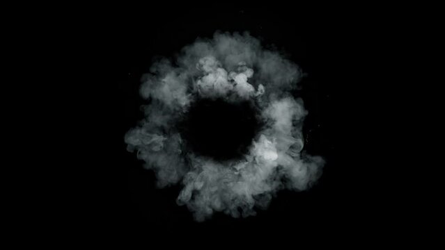 Super Slow Motion Shot of Round Smoke Explosion Towards Camera Isolated on Black at 1000fps.