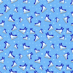 Ice skates seamless pattern. Winter sports vector illustration. Blue skate icon repeated backdrop. Outdoor template texture. Winter activities wallpaper. Cute childish, wrapping paper, textile print