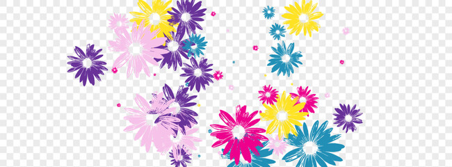 Colorful Chamomile Background Transparent Vector. Leaf Scribble Template. Purple Flower Flowering Period. Decoration Design. Abstract Bright Plant.
