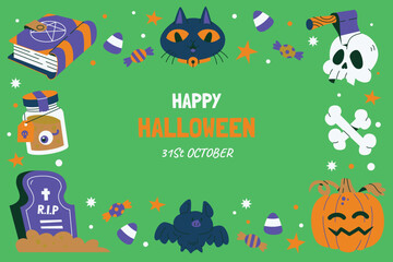 Obraz na płótnie Canvas flat background halloween season with gravestone black cat design vector illustration