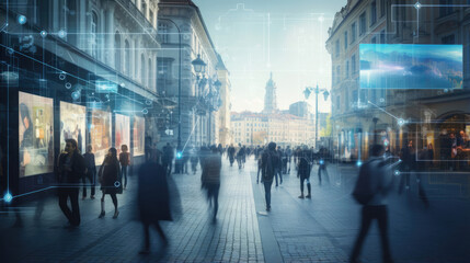 Obraz premium Citizens walk through a city where AI cameras monitor their every step for security and data