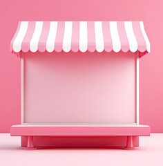 an empty awning stand mockup in pink, in the style of diorama, grocery art, kurzgesagt, candycore, minimalist backgrounds, meticulous design, contemporary candy-coated