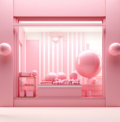 shop window on a pink background mock template, in the style of candycore, 3d, perspective rendering, modern