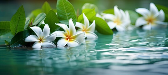 Plumeria flowers on green leaf floating on water. A peaceful and serene scene with a touch of nature and beauty.