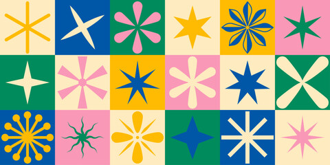 Brutalist abstract geometric figures of flowers and stars. Bauhaus memphis design. Vector illustration