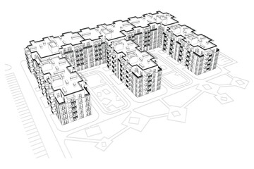 Vector architectural project of a multistory building, aerial view