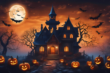 Fototapeta na wymiar Halloween background with pumpkins and bats ai generative image