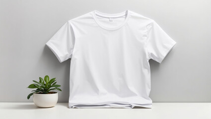 white t-shirt mockup over white background. Backdrop with copy space. Backdrop with copy space. Minimalist concept.