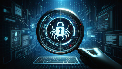 A magnifying lens showing a virus or bug. Ransomware. Cryptolocker. Cybersecurity concept. Protecting your business. Malware. Espionage. Security. Data breach.