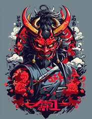 demon samurai warrior, samurai with demon mask, japanese god, wearing a oni mask. t-shirt printing art. ai generative