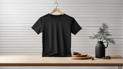 black t-shirt mockup over white wooden table background. Backdrop with copy space. Backdrop with copy space. Minimalist concept.