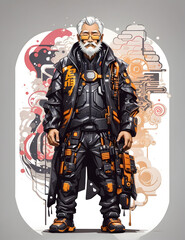 Old man in a cyberpunk style leather suit, artwork for a T-Shirt. ai generative