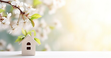 Toy house and cherry flowers, spring abstract natural background. - 665457351