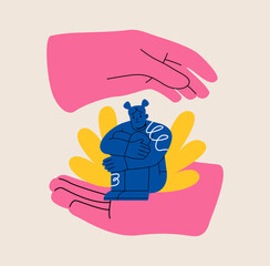 Self-acceptance, support, mental health- the woman sits in big hands and hugs her knees. Colorful vector illustration