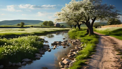 Spring landscape with blossomed cherry trees and a still river. Spring time nature with mountains and greenery. Cherry tree. Apple tree.