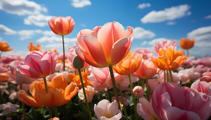 field of tulips. field of tulips in the spring. Tulips in spring. Orange tulip. Pink tulip. Yellow tulip. Tulip field in spring time. Colourful tulips. Colourful tulip field. Flowers. Spring. Natu