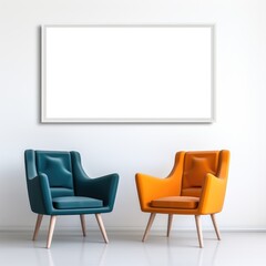 Empty interior with two orange and turquoise comfortable arm chairs and blank framed painting on the wall for advertising campaign