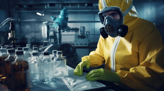 Hazmat employee in yellow protective costume and gear in the laboratory working with dangerous biological hazard materials