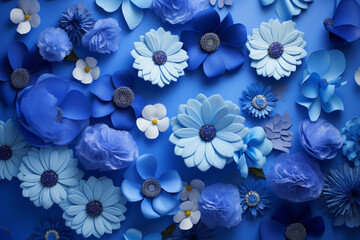 Beautiful blue flowers on color background, top view. Floral design