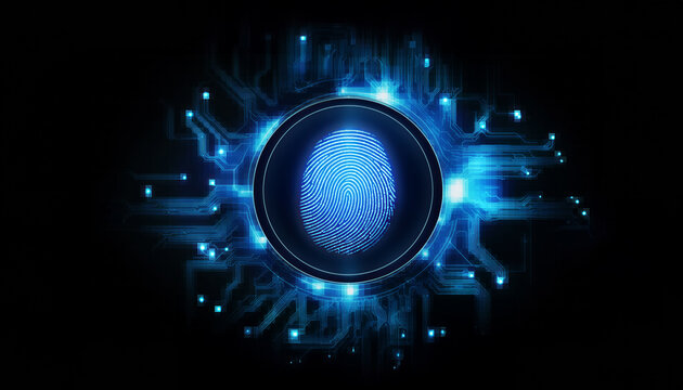A digital fingerprint. High tech cybersecurity. Authentication. Biometric security. Protect your business. Cyber attacks. Virus. Malware. Digital fingerprint. Privacy concept.