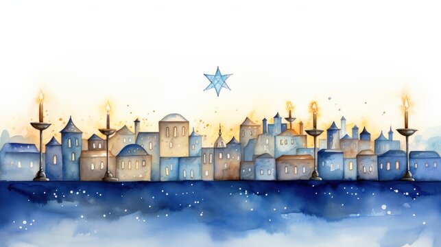 Hanukkah watercolor illustration, greeting card, no text, symbols, Magen David