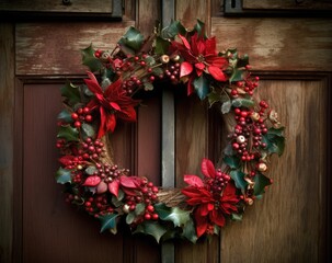 Fototapeta na wymiar A Festive Wreath Adorning a Wooden Door Handle Against a Beautifully Rustic Backdrop, a Classic Christmas Still Life