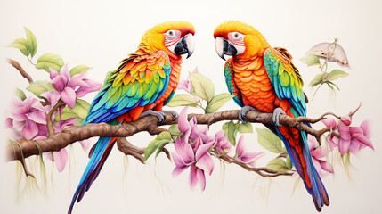Colorful two parrots on a branch sketch