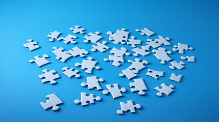 Components of a jigsaw puzzle on a blue