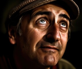 Fototapeta premium Surprised man wearing hat looks up with wide eyes, character portrait