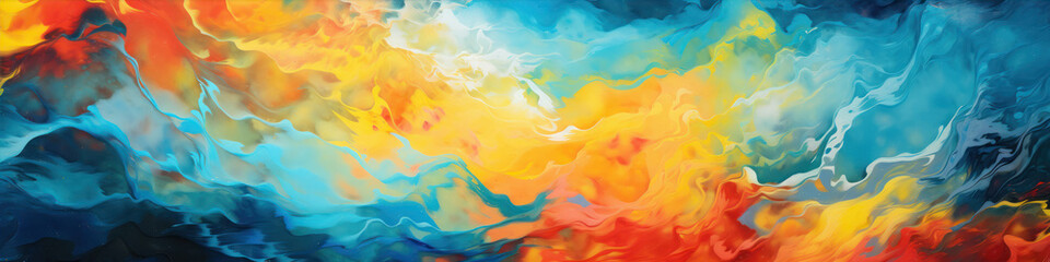 Abstract background with blue, orange and yellow watercolor paint splashes.