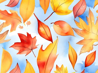 Yellow, orange and red autumn leaves fall and fly in blue sky. Watercolor illustration background, pattern, mockup